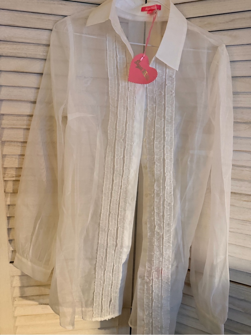 Sugar Thrillz White Sheer Ruffled Blouse clueless top white/purple/black - Picture 5 of 8
